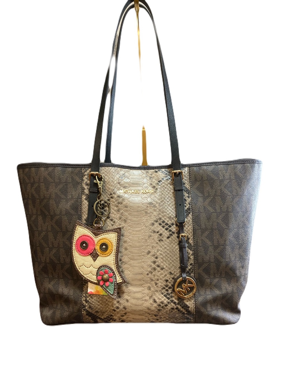Michael Kors Jet Set Travel Tote | Signature MK Python Print | Chala Owl Charm